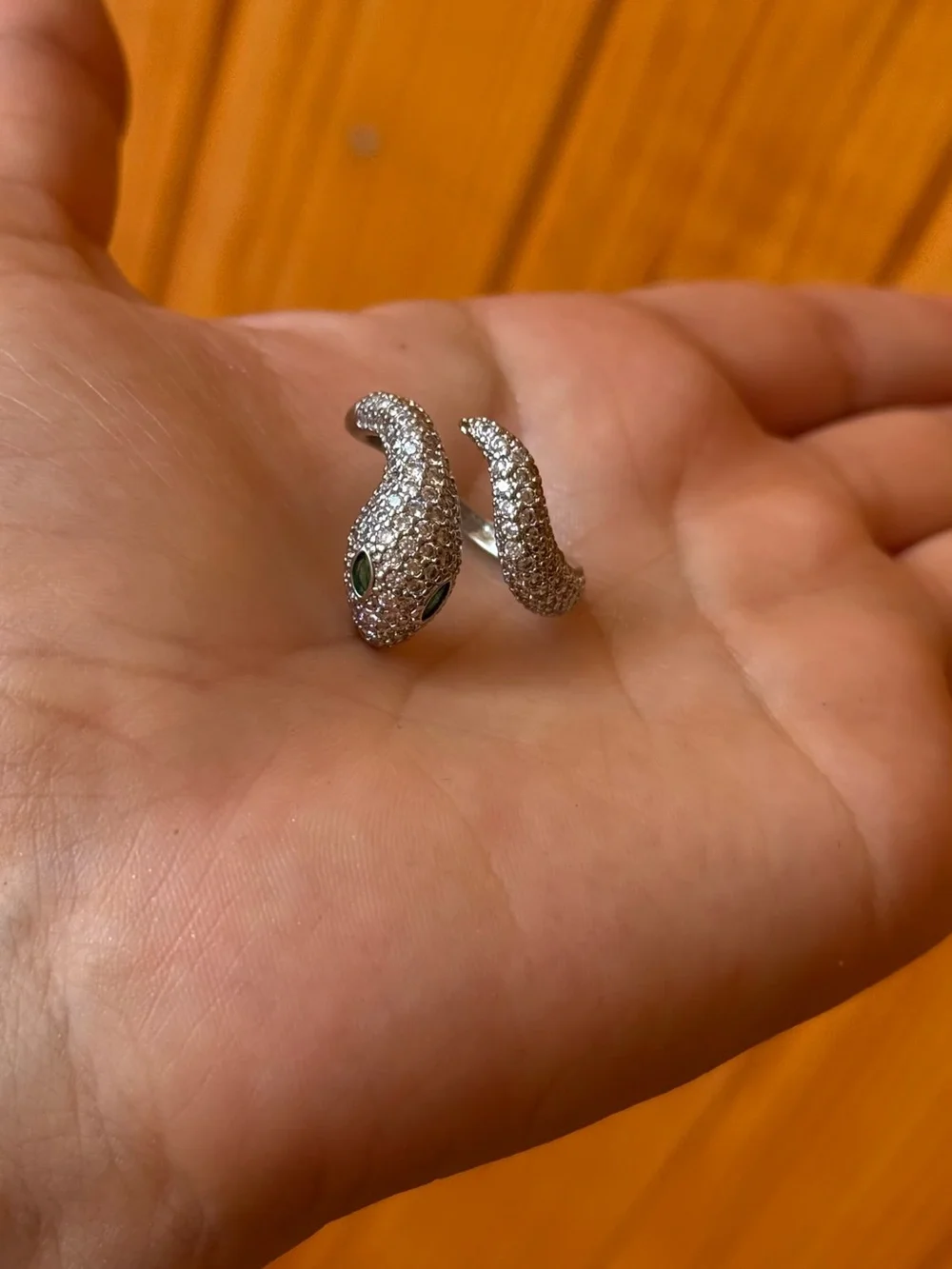Pavé Silver Snake Wrap Ring with Green Eyes